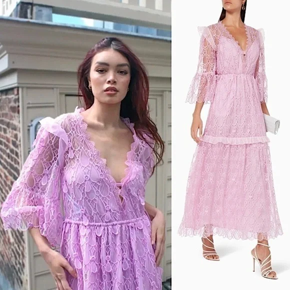 NWT SELF PORTRAIT Lilac Crochet Mesh Lace Tiered Ruffle Fairycore Maxi Dress 6 - Picture 2 of 16